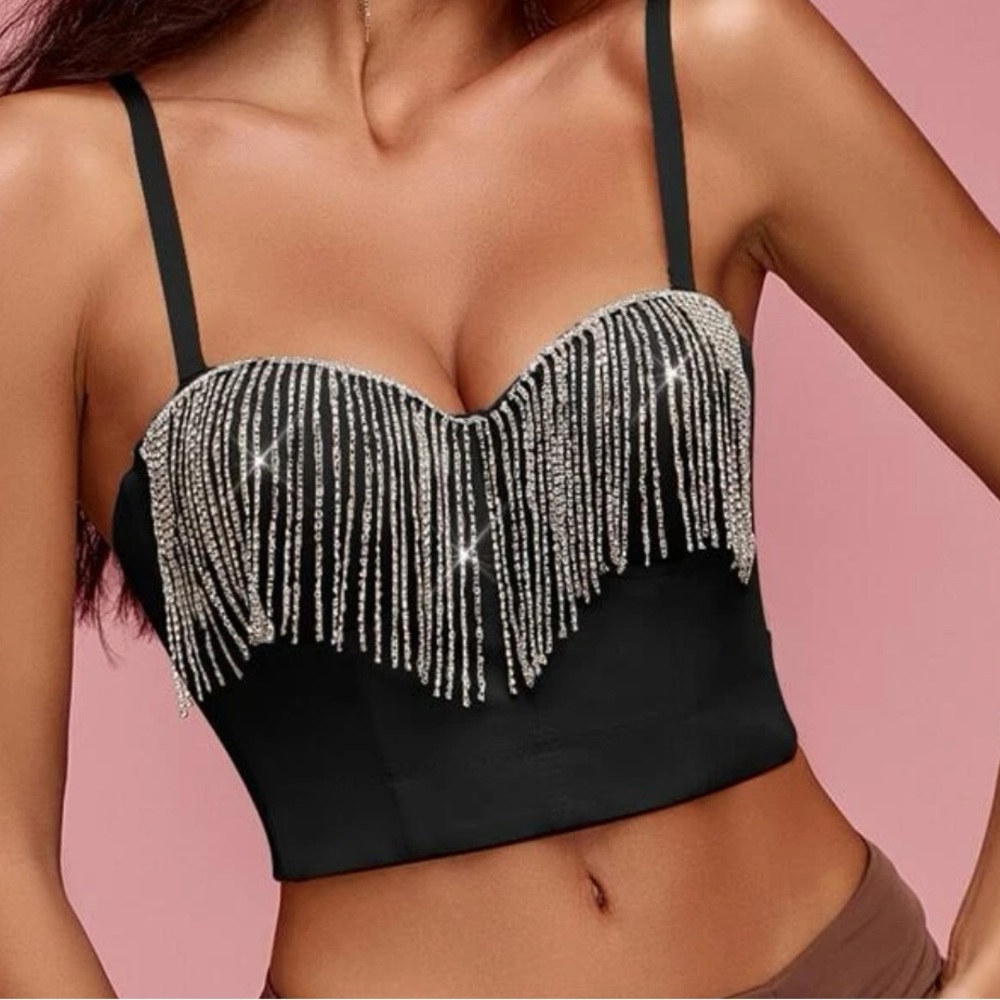 Rhinestone fringe trim corset cami crop